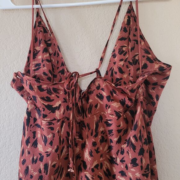 Free People Hang On Satin Halter Slip Dress Size Large Printed Brown 90s Mini - Picture 8 of 10